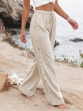 🐚 Hello Gorgeous! Wide-Leg Shell Trim Detail Drawstring Linen Pants - Cream
